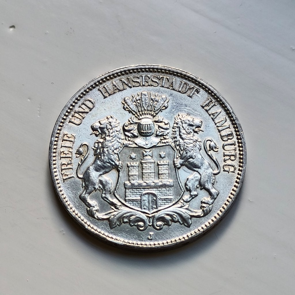 Zilveren 5 Mark 1908 uit de Vrije en Hanzestad Hamburg, mint, Ophalen of Verzenden, Duitsland, Losse munt, Zilver