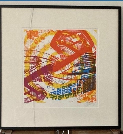 Schilderij in zwarte lijst., Antiek en Kunst, Ophalen, Overig onderwerp, Ingelijst, Zeefdruk