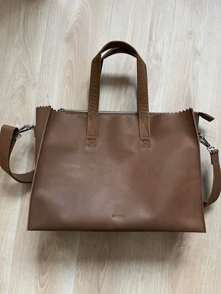 MYOMY Bruine Leren Mom/Kantoortas met Verstelbare Schouderba, Ophalen of Verzenden, Gebruikt, Bruin, Shopper
