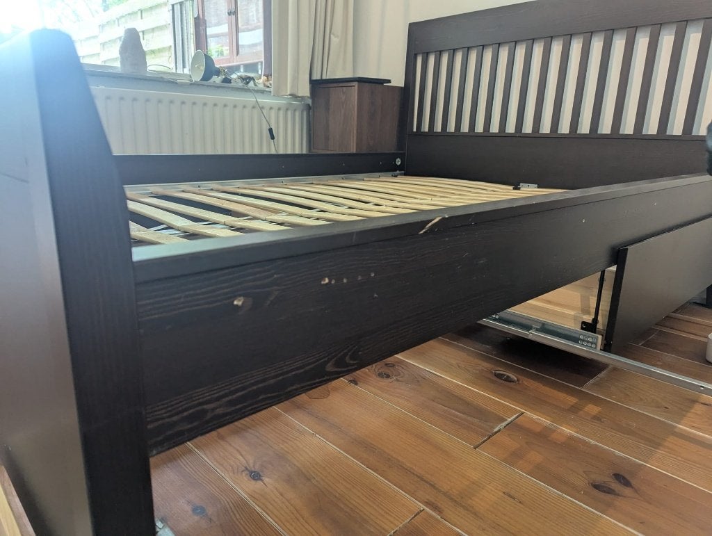Ikea bed Idanas met lades 140 breed, Huis en Inrichting, Slaapkamer | Bedden, Ophalen, Gebruikt, Bruin, Tweepersoons