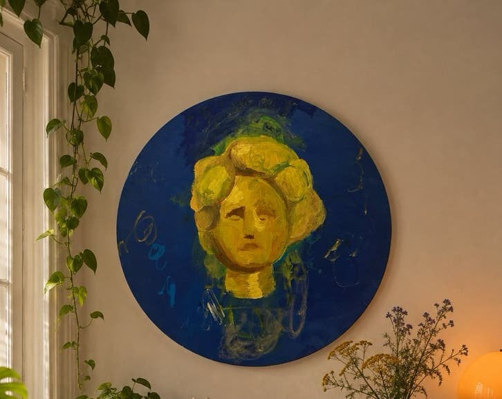 Uniek handgeschilderd rond schilderij, Acrylverf, Portret of Personen, Ophalen of Verzenden, Handgeschilderd