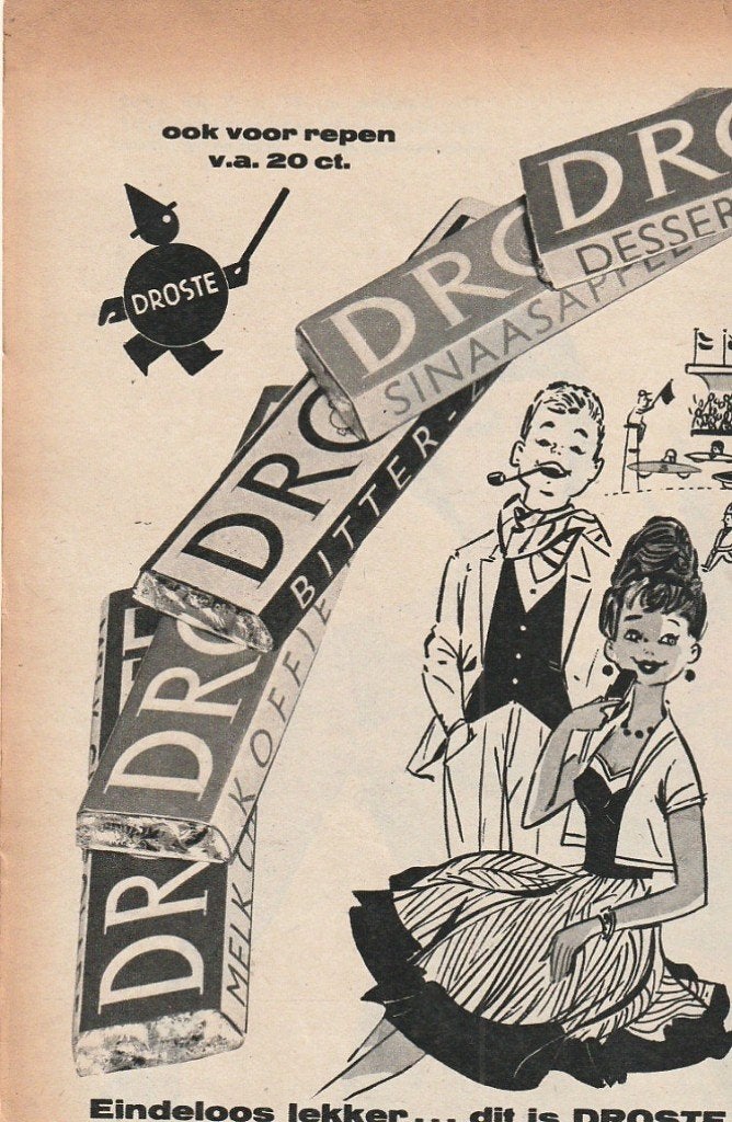 Retro reclame 1960 Droste chocolade flikken in ronde dozen, Verzenden, Overige typen