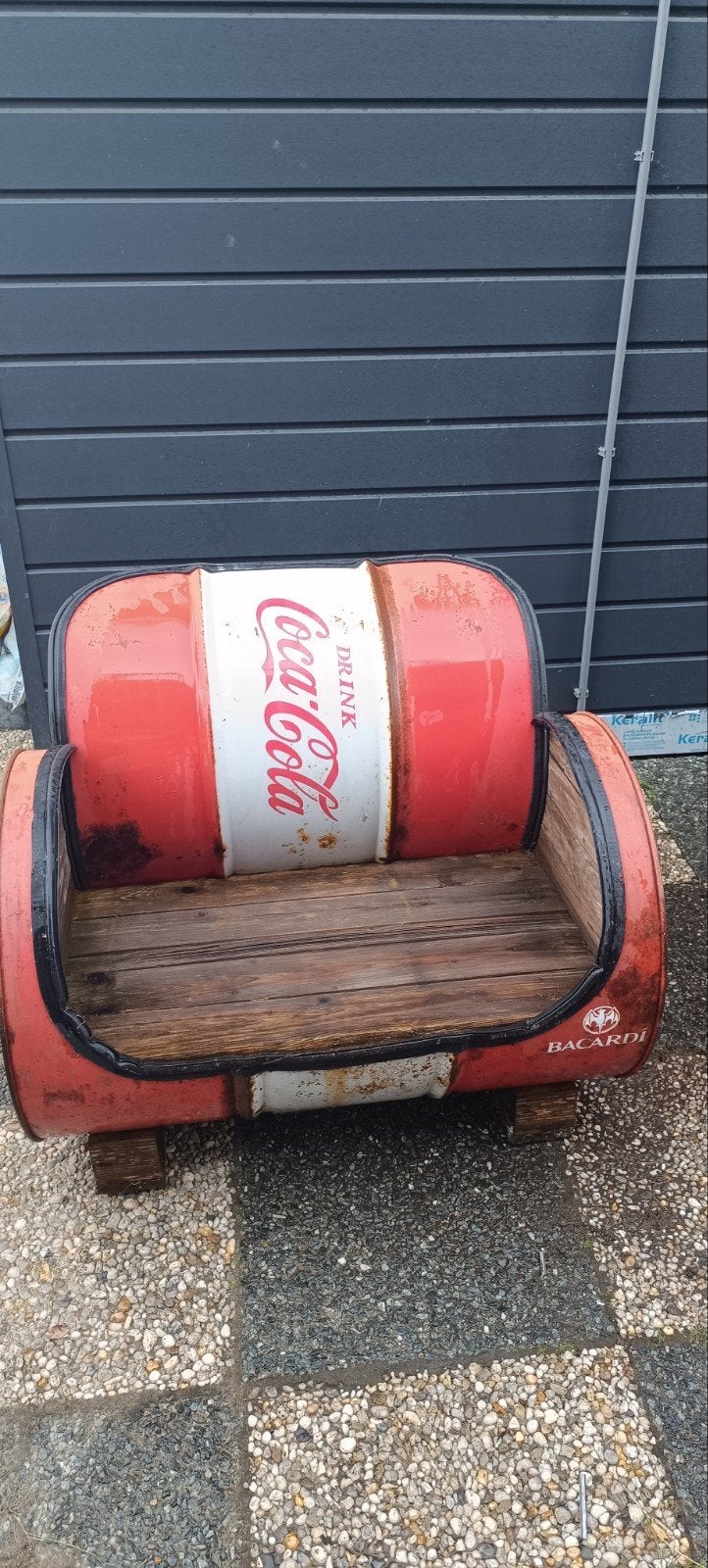 2 unieke Coca-Cola bankjes van olievaten, Ophalen, Gebruikt, 150 tot 200 cm, Tweepersoons
