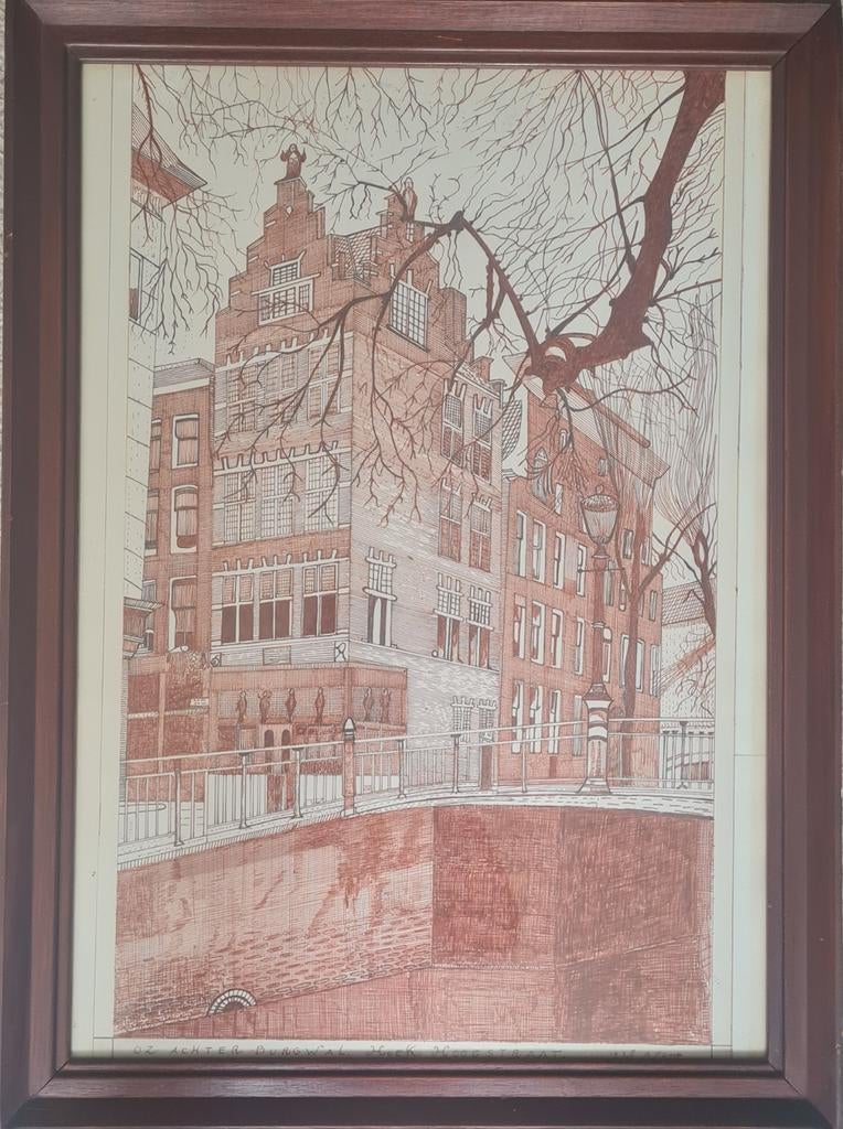 Pentekening Amsterdam Oude Zijds Achterburgwal, Antiek en Kunst, Ophalen of Verzenden