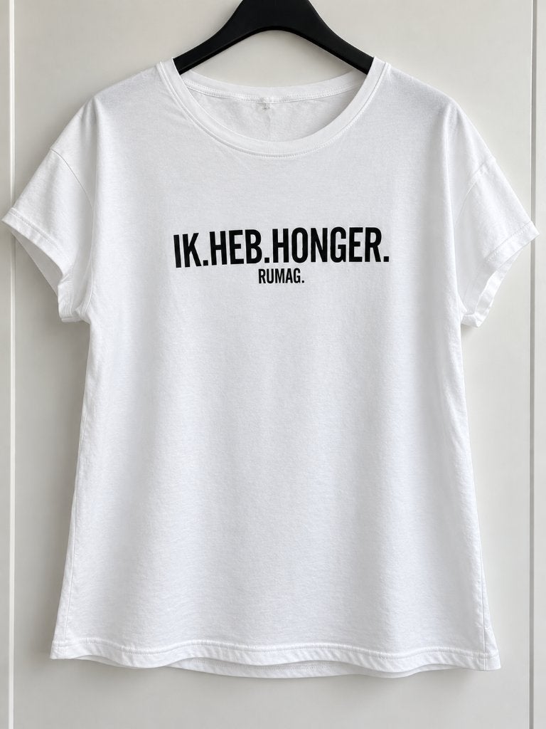 Rumag s ik heb honger shirt tshirt wit witte, Verzenden, Wit, Korte mouw, Maat 36 (S)