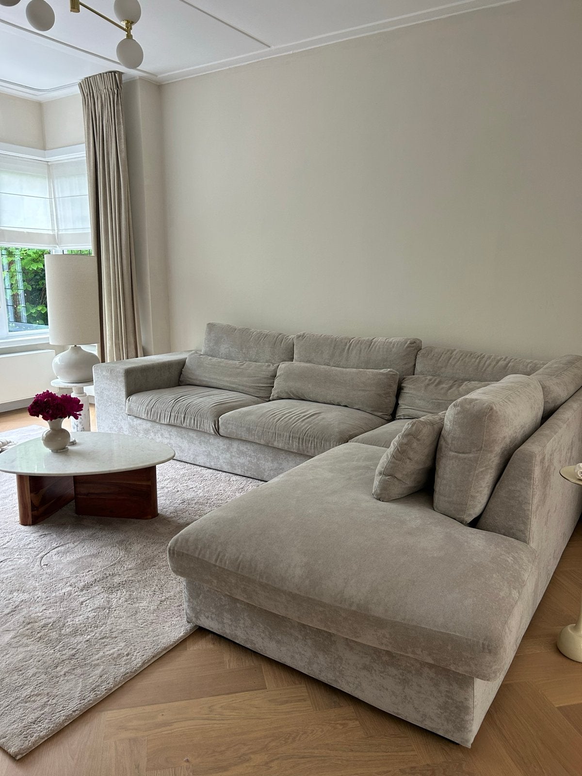 Luxe Bank van Homestock - Model Lugarno, Grijs Velours, Ophalen, Gebruikt, 100 tot 125 cm, Hoekbank
