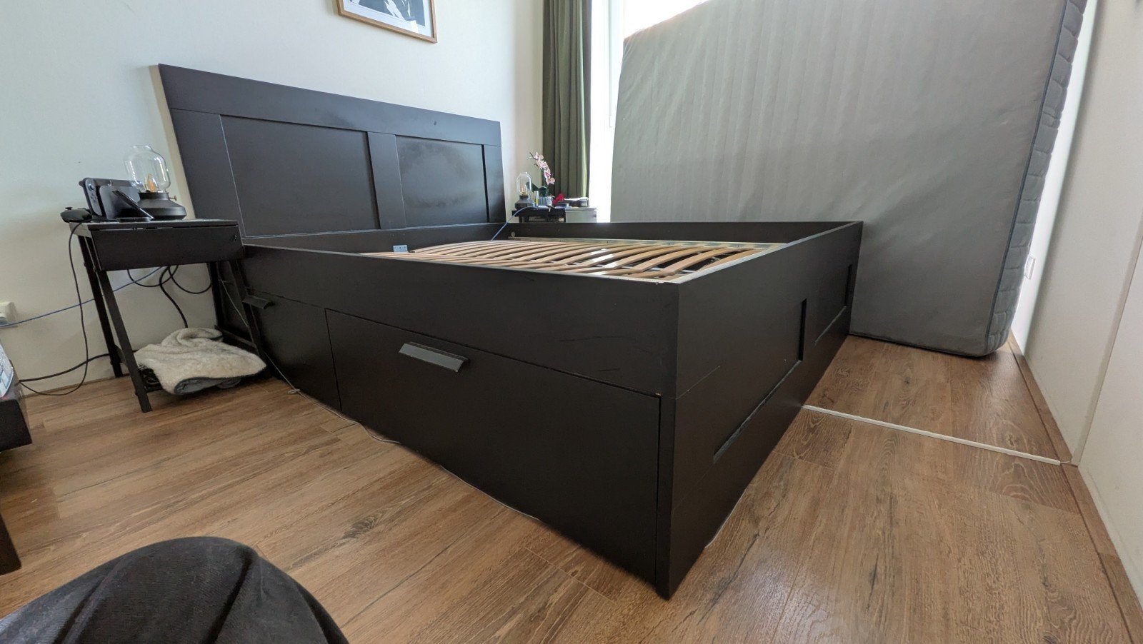IKEA BRIMNES Bedframe met hoofdbord, zwart, 160x200 cm, Ophalen, Gebruikt, Zwart, Tweepersoons