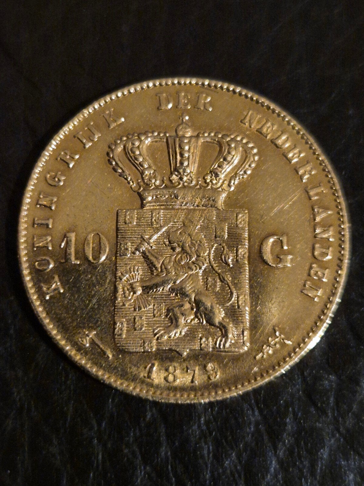 Gouden 10 Gulden munt overdruk 1879/77, Koning Willem III, Losse munt, 10 gulden, Goud