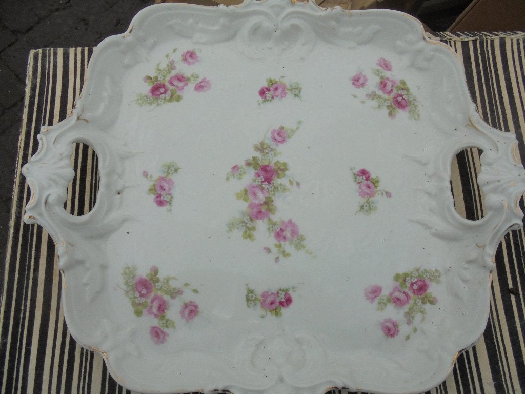 Brussels Porseleinen Dienblad met roze roosjes / bloemetjes, Ophalen of Verzenden
