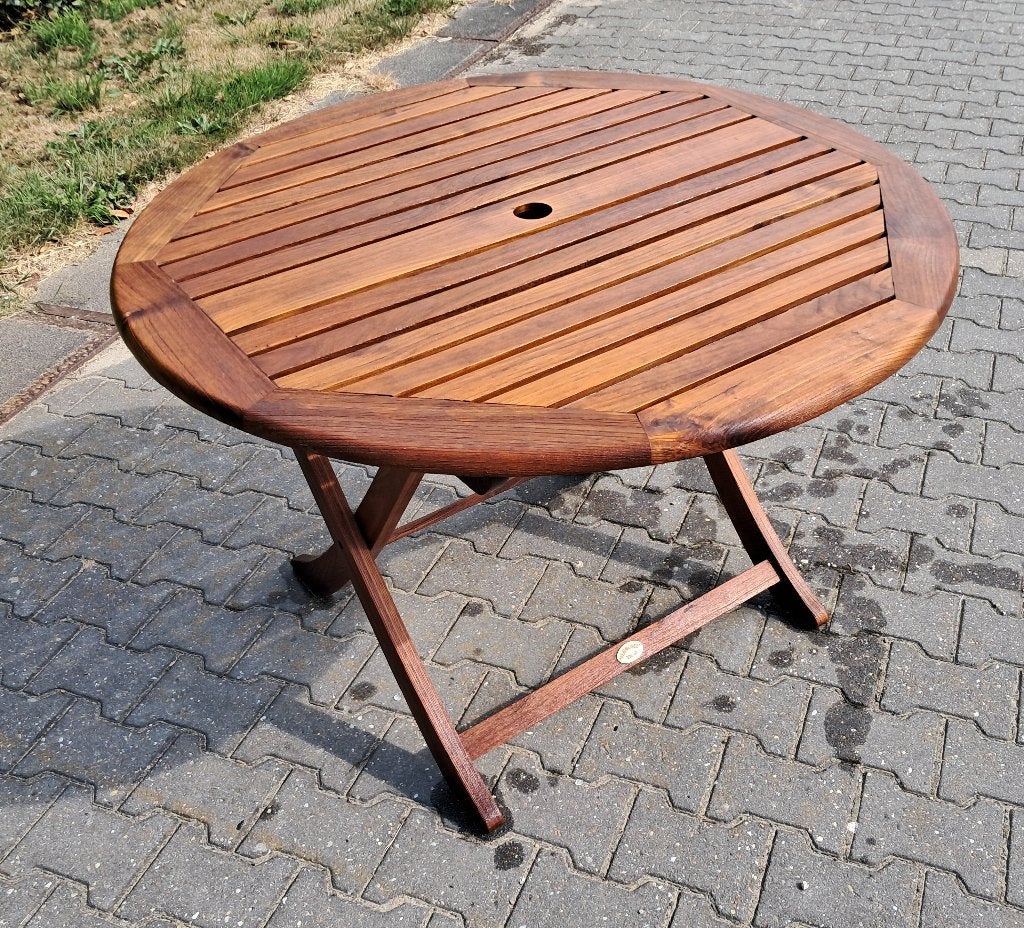 Teakhouten ronde tuintafel Plantation Teak doorsnede 106 cm, Ophalen, Gebruikt, Rond, Teakhout