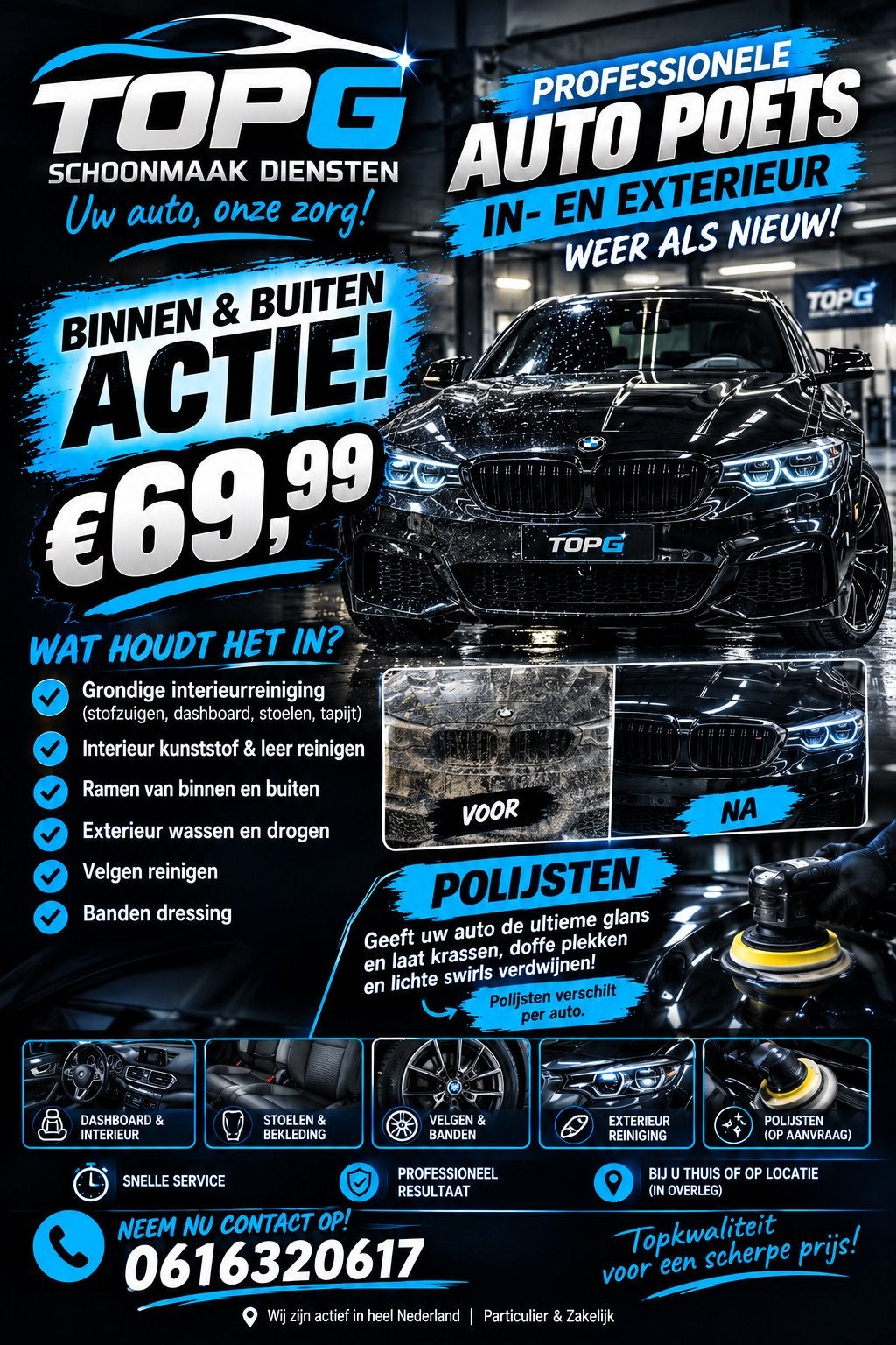 TOPG AUTO POETSEN – BINNEN & BUITEN ACTIE!, Auto diversen, Ophalen of Verzenden