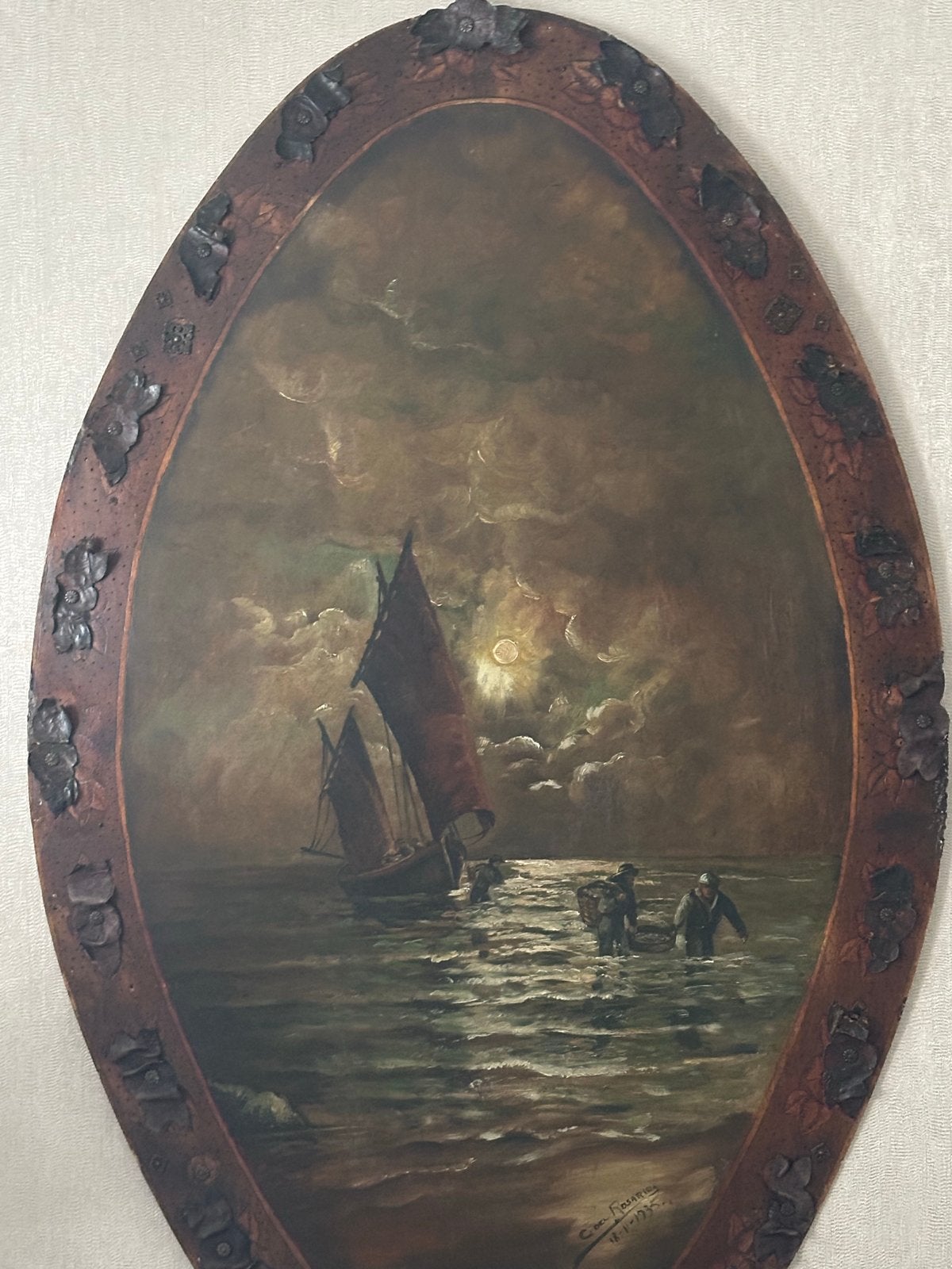Ovaal Schilderij: Vissersboot bij Maanlicht. Uit 1935, Antiek en Kunst, Kunst | Schilderijen | Klassiek, Ophalen