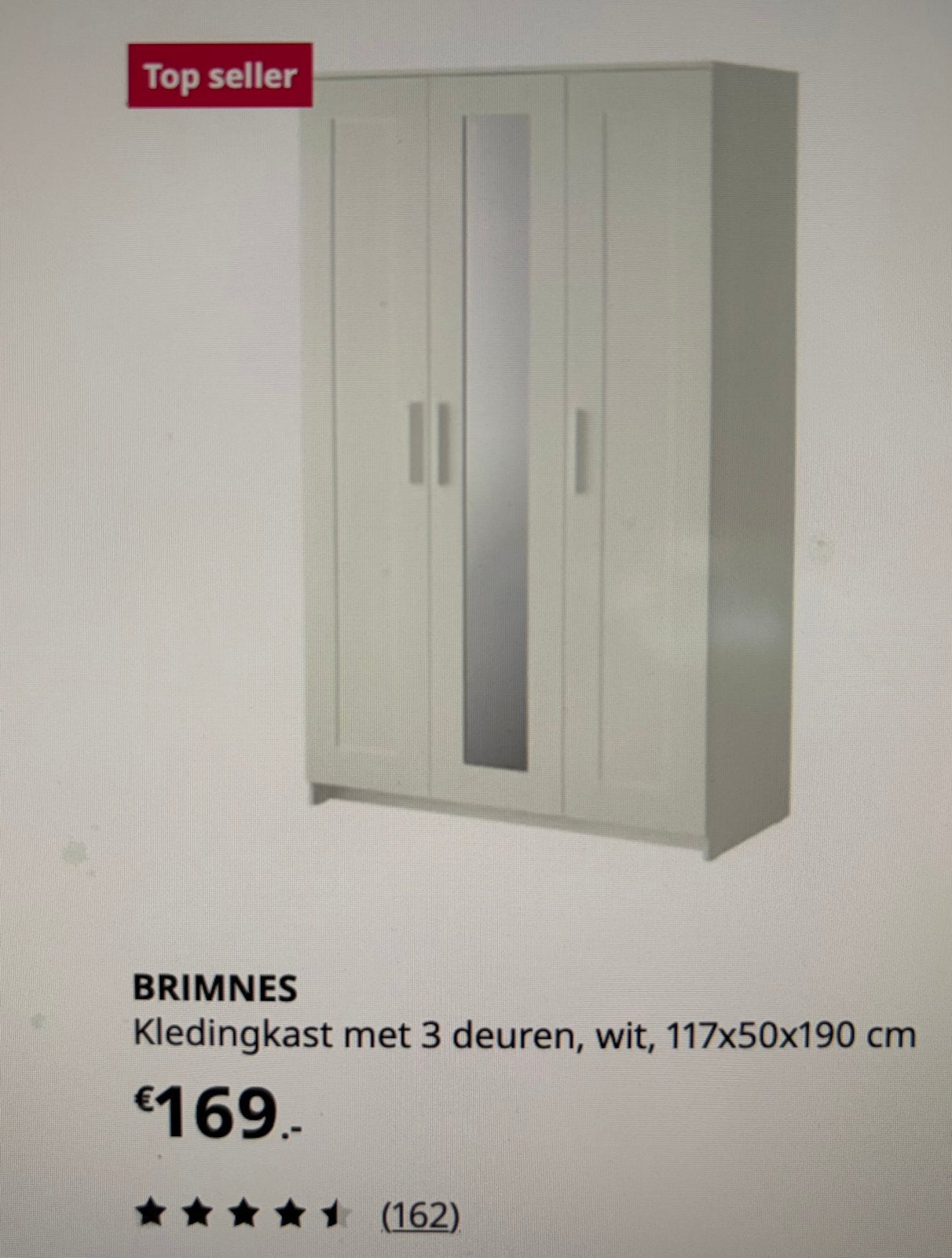 IKEA BRIMNES Kledingkast met 3 deuren, wit, 117x50x190 cm, Ophalen, 100 tot 150 cm, Nieuw, 150 tot 200 cm