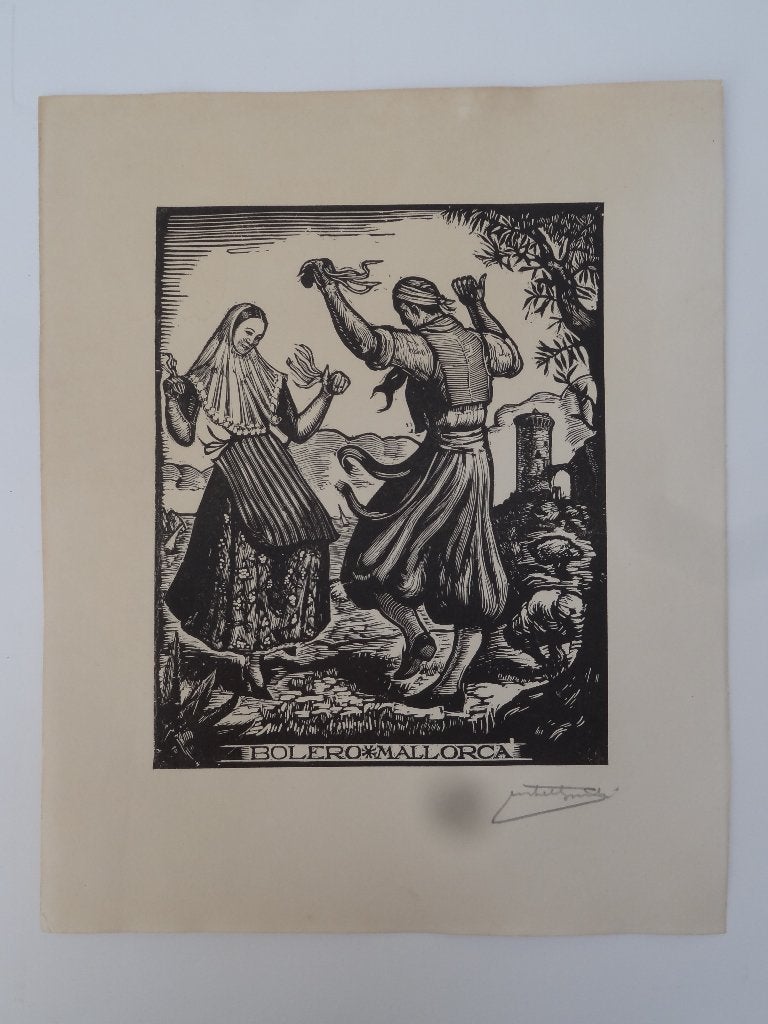 houtsnede Bolero Mallorca, Juan Castells Marti, 1940, Antiek en Kunst, Dagelijks leven, Ophalen of Verzenden, 1900 - 1949, Houtsnede