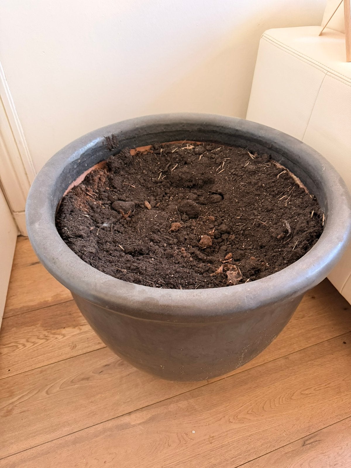 Grote ronde bloempot, donkergrijs, voor binnen/buiten, Tuin en Terras, Bloempotten, Gebruikt, Aardewerk, Binnen, 40 tot 70 cm