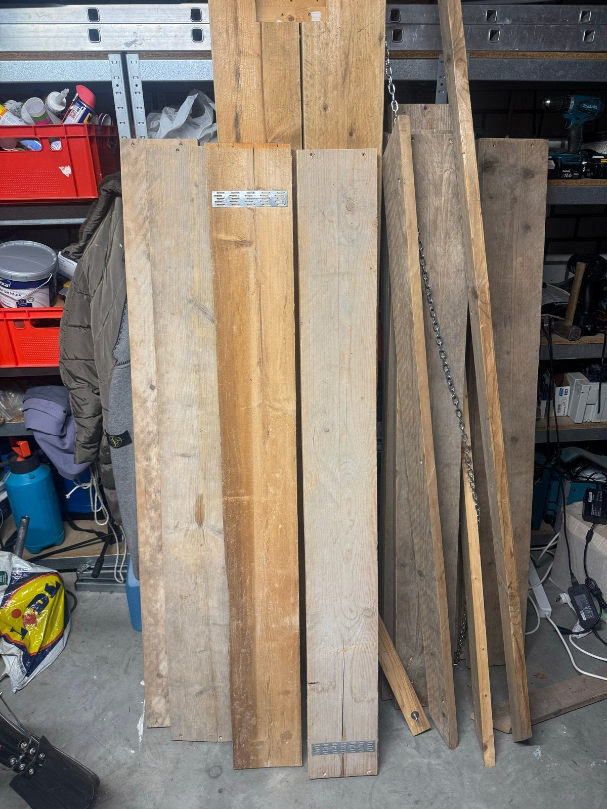 Diverse steigerhouten planken - Verschillende lengtes, Gebruikt, 25 tot 50 mm, Ophalen of Verzenden, 200 tot 250 cm