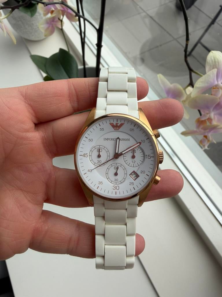 Armani Dames Horloge AR5920, wit/roségoud, ZGAN, Ophalen, Zo goed als nieuw, Staal, Overige merken