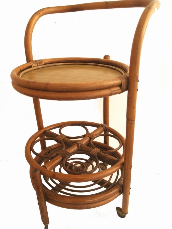 Vintage mid-century rotan design trolley serveerwagen, Ophalen of Verzenden