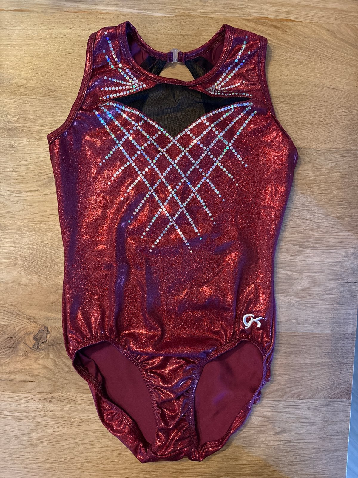 GK Turnpakje Bordeaux Zwart Glitters 62 cm, Sport en Fitness, Turnen, Ophalen of Verzenden, Zo goed als nieuw, Turnpak(je), Rood