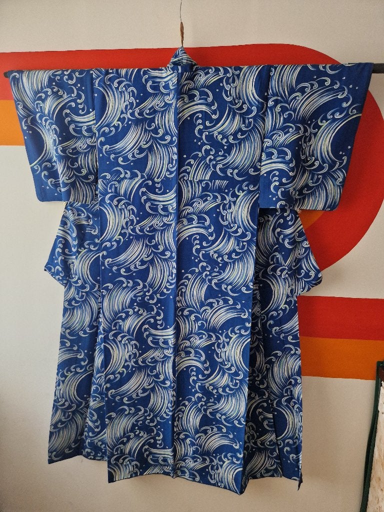 Authentieke vintage Japanse kimono met golven (komon), Overige typen, Maat 42/44 (L), Zo goed als nieuw, Verzenden