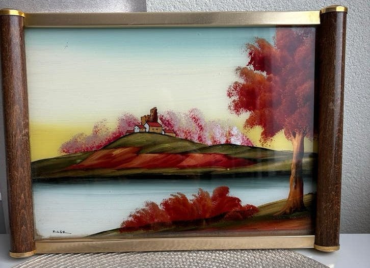 Vintage Schilderij Kasteel aan Water met Herfstkleuren, Overige ondergronden, Ophalen of Verzenden, Gesigneerd, Landschap