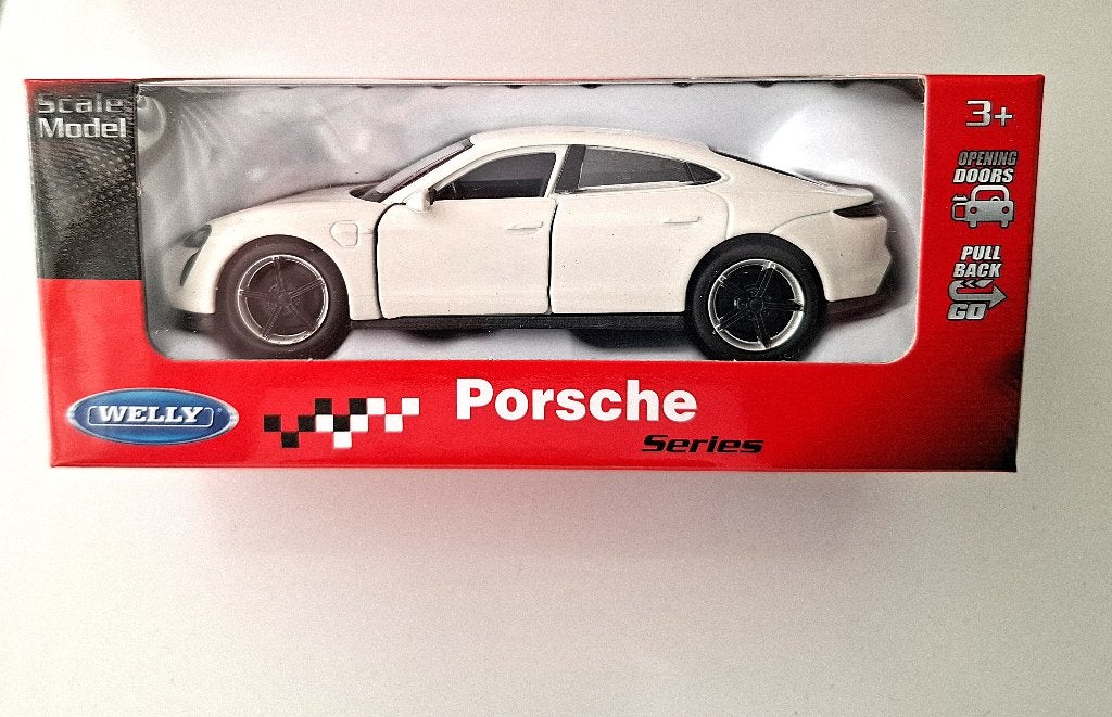 Welly Porsche Taycan Turbo S, deuren kunnen open, Wit, Ophalen, Nieuw, Auto