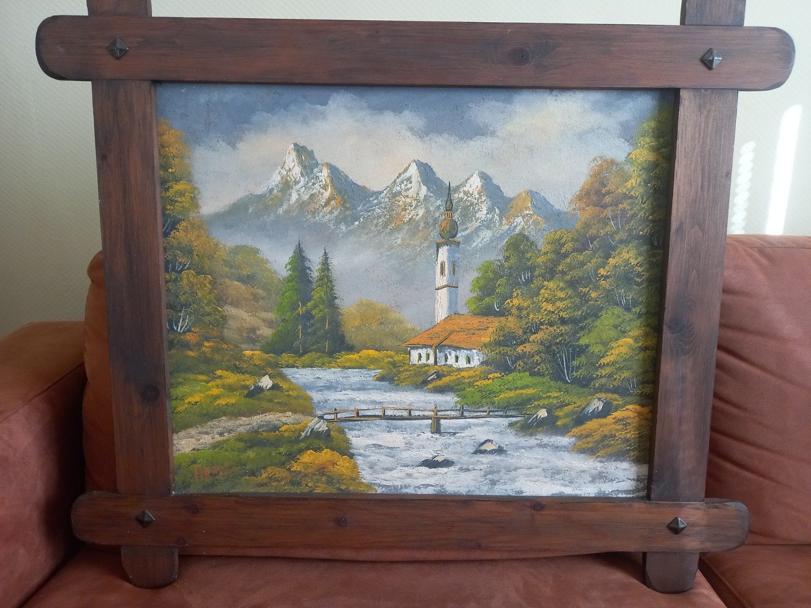 Alpen olieverfschilderij in robuuste balkenlijst, Ophalen, Paneel, Bijzondere lijst, Landschap