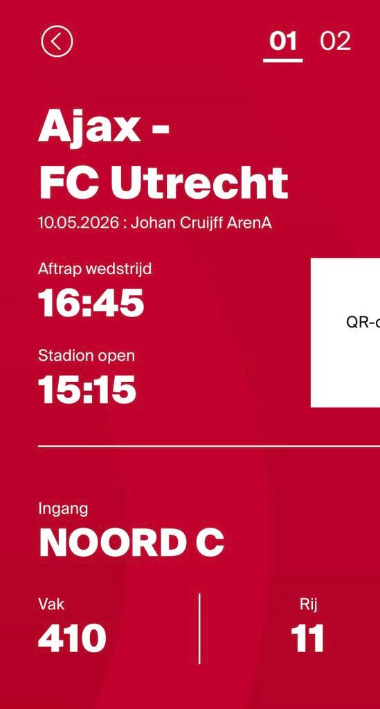 Ajax - FC Utrecht, 2x in vak 410, rij 11, Twee personen, Mei