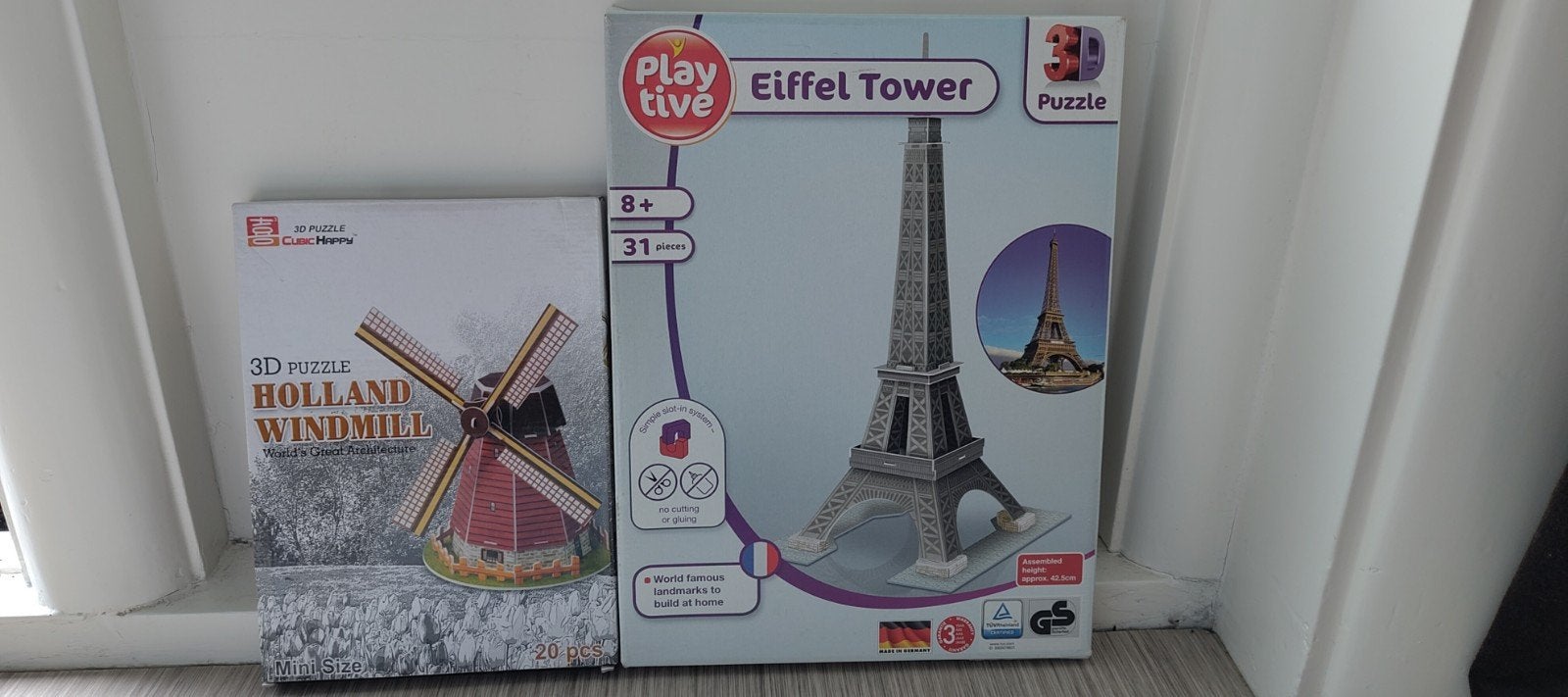 2 bouw puzzels Eiffeltoren en windmolen, Ophalen of Verzenden, Minder dan 500 stukjes, Gebruikt, Rubik's of 3D-puzzel