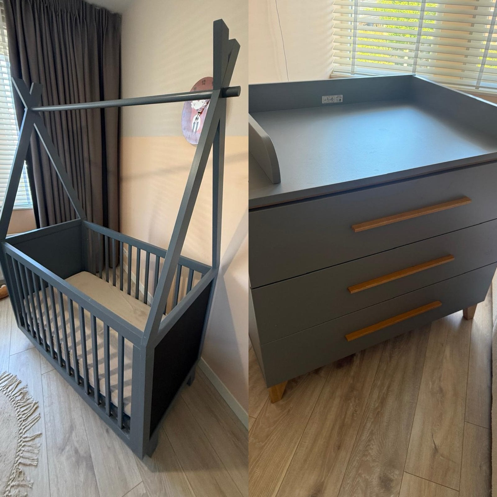 Grijze ledikant Coming Kids met commode Prenatal + Aerosleep, Ophalen, 50 tot 70 cm, Zo goed als nieuw, 75 tot 100 cm