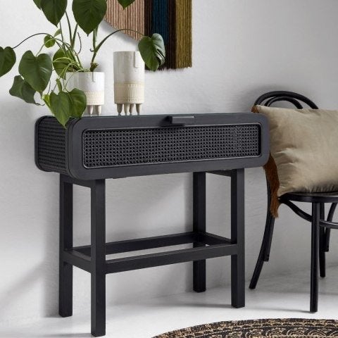 Nordal MERGE sidetable Zwart teak, Weens vlechtwerk, webbing, 100 tot 150 cm, Japandi, Bohemian, Scandinavisch, Nordal, Nieuw