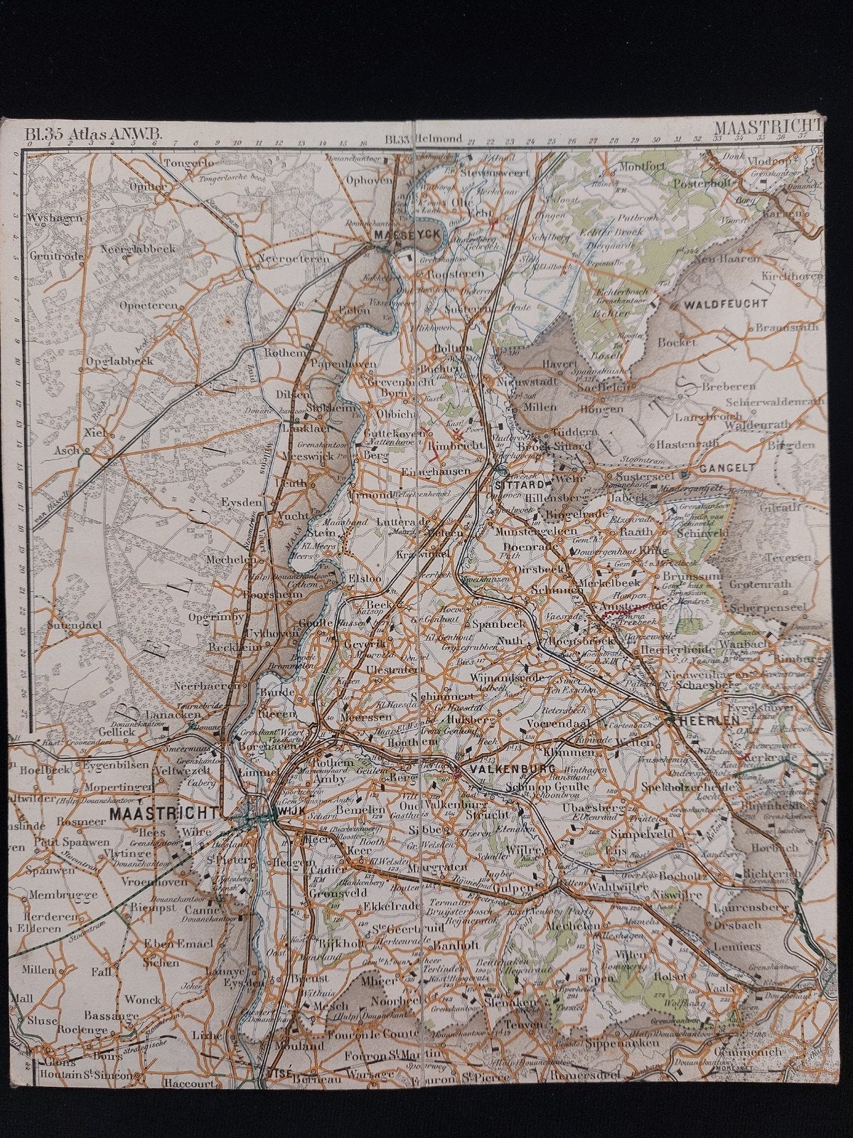 35 / Maastricht e.o. plattegrond uit Atlas ANWB uit 1920, Gelezen, ANWB, Ophalen of Verzenden, Landkaart