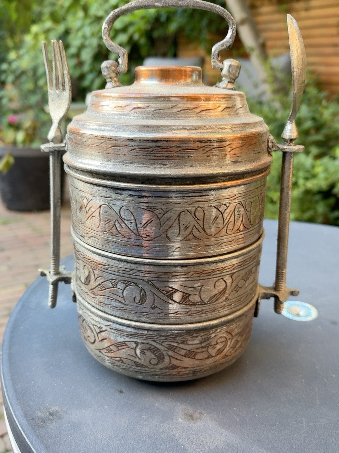 Antieke Indiase Tiffin Box - Lunchbox met Bestek, Ophalen of Verzenden