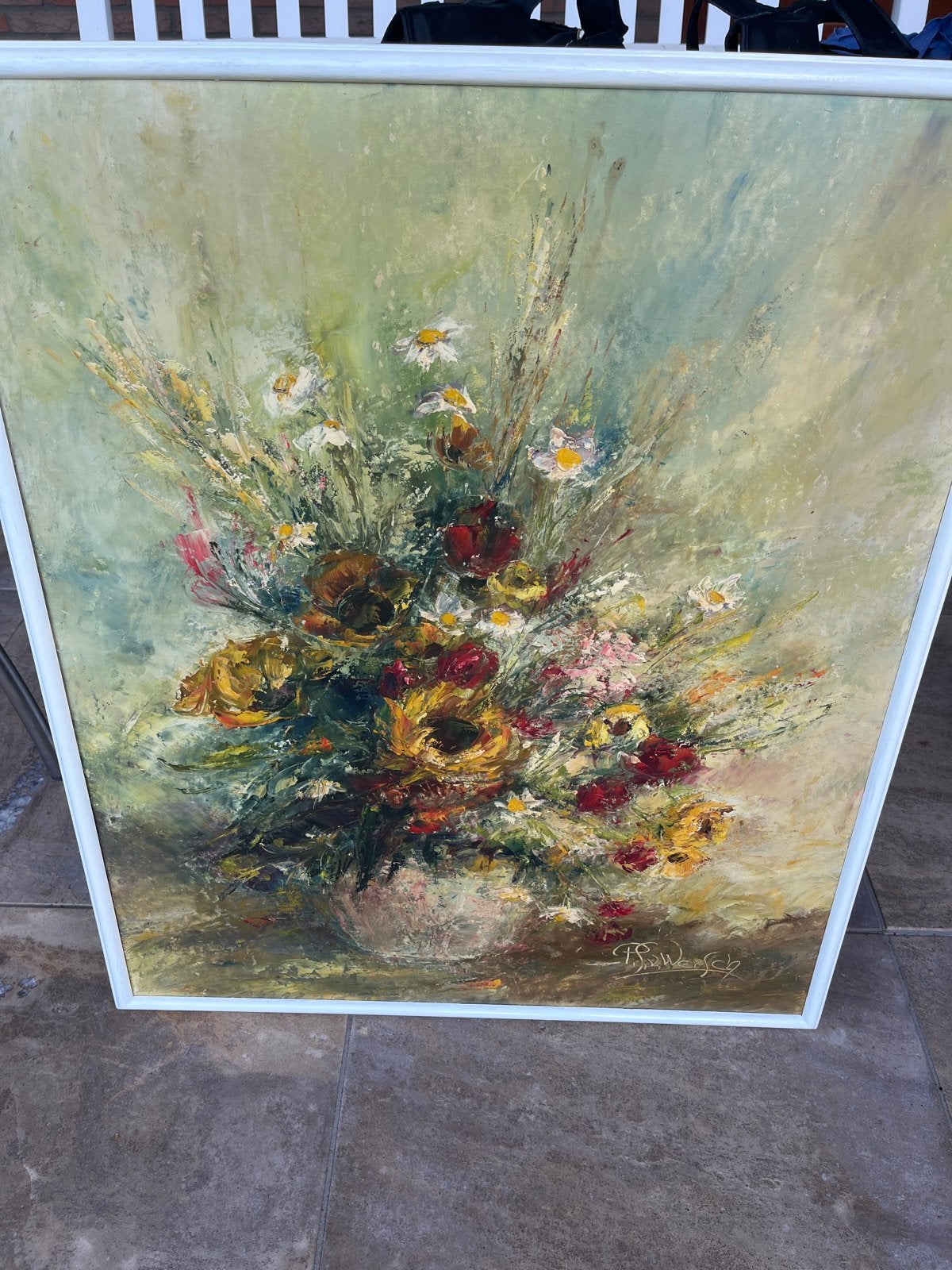 Schilderij P. van Wersch - Bloemenstilleven 74x88 cm, Antiek en Kunst, Bloemen, Doek, Expressionistisch, Ophalen of Verzenden