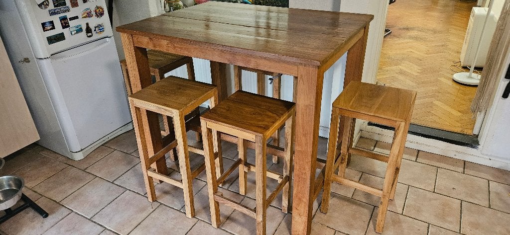 Massief houten bartafel met 6 barkrukken – robuuste set, Ophalen, 100 tot 150 cm, Teakhout, 50 tot 100 cm