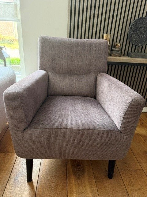 Comfortabele fauteuil in taupe ribstof, Huis en Inrichting, Fauteuils, Ophalen, Gebruikt, 75 tot 100 cm, 50 tot 75 cm
