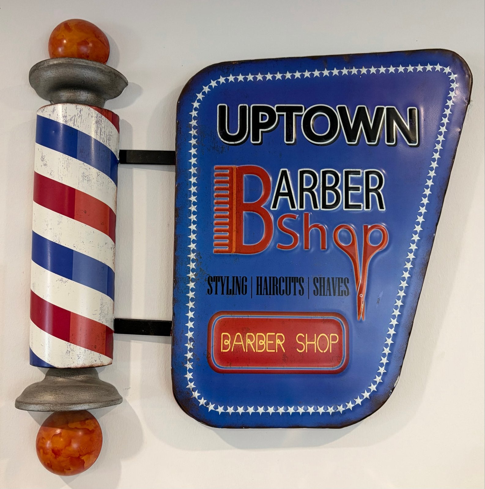 Vintage Barbershop Reclamebord met Barberpaal, Ophalen of Verzenden, Zo goed als nieuw