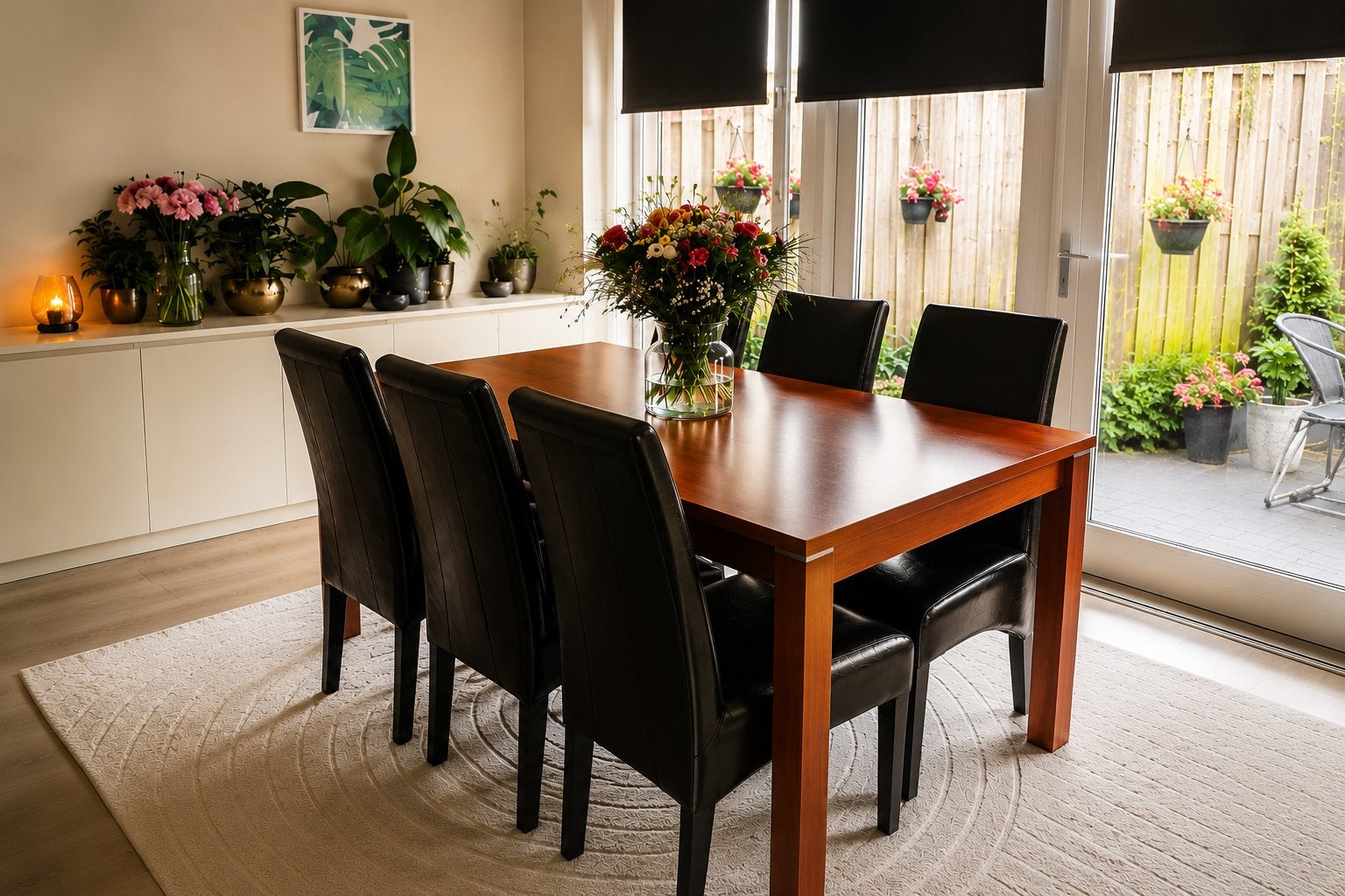 Eettafel met 6 comfortabele leren stoelen, Huis en Inrichting, Tafels | Eettafels, Ophalen, 50 tot 100 cm, Zo goed als nieuw, Vijf personen of meer