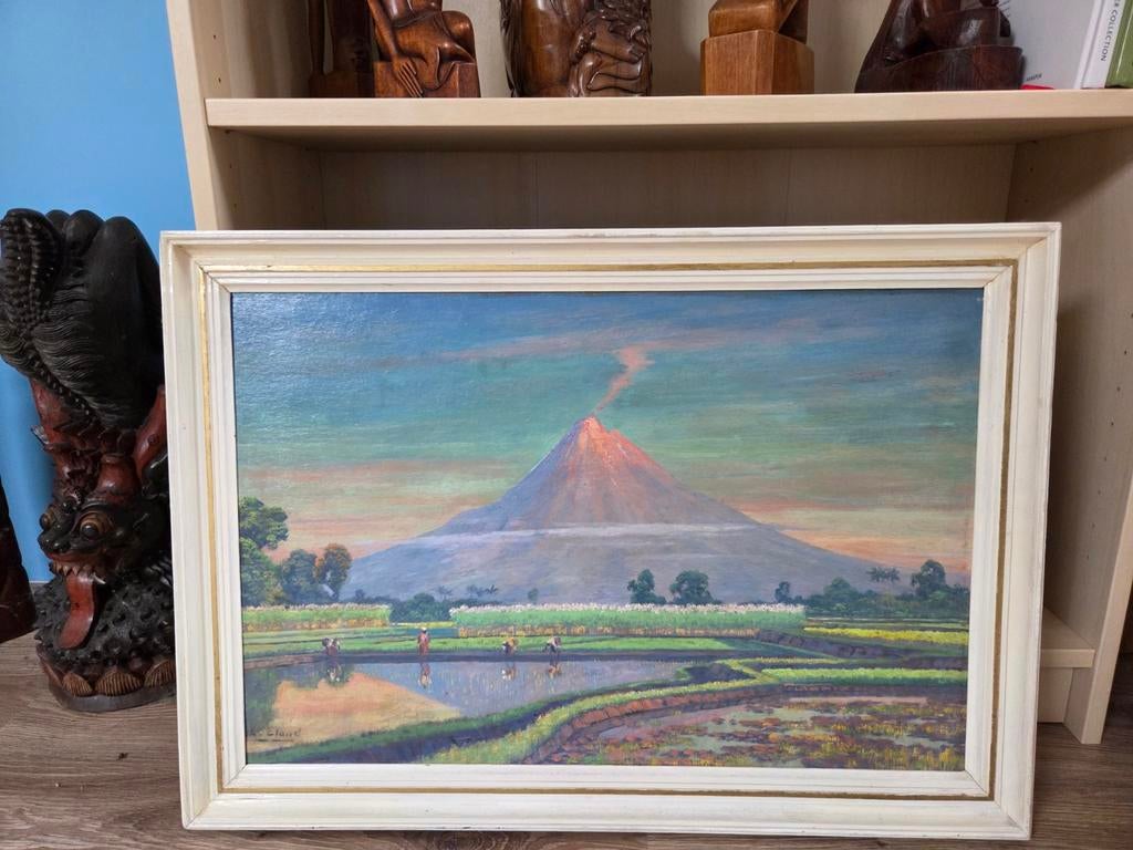Indonesie met personen in sawa - L. Eland, Antiek en Kunst, Kunst | Schilderijen | Klassiek, Ophalen of Verzenden