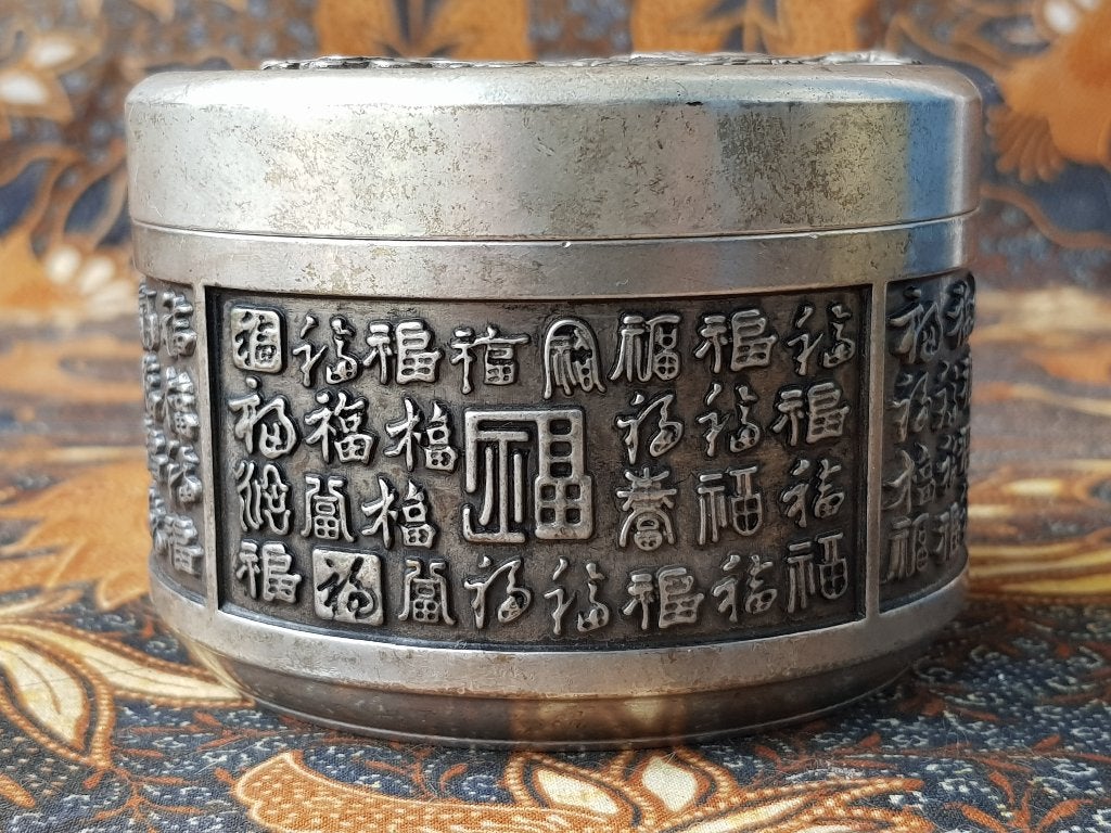 Mooie antiek Chinees zilverbrons doosje met karakters 9,2 cm, Antiek en Kunst, Zilver, Gemerkt, Doos, Ophalen of Verzenden