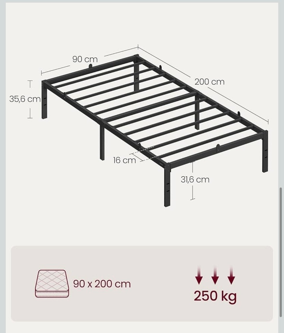 VASAGLE Eenpersoonsbed Frame 90x200 cm - Zwart Metaal, 90 cm, Eenpersoons, Zwart, Ophalen of Verzenden