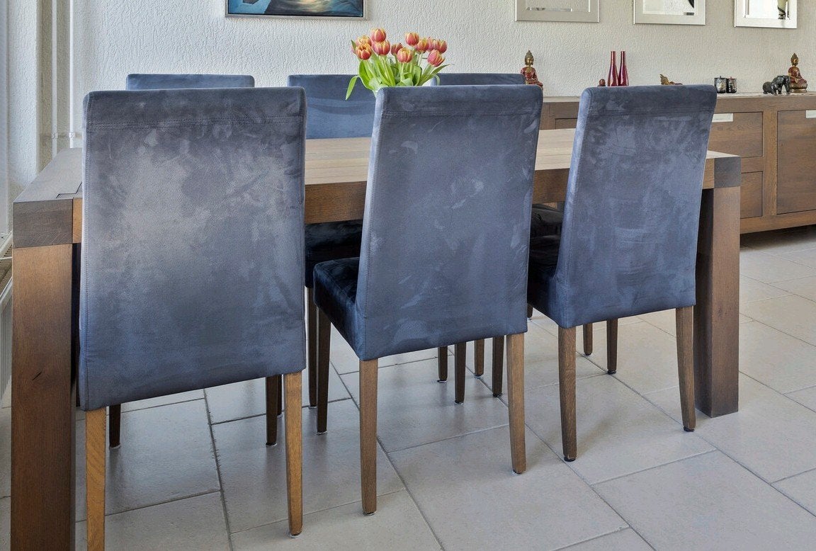 Piet Klerkx 6 grijze velours eetkamerstoelen, Huis en Inrichting, Stoelen, Ophalen, Gebruikt, Vijf, Zes of meer stoelen, Stof