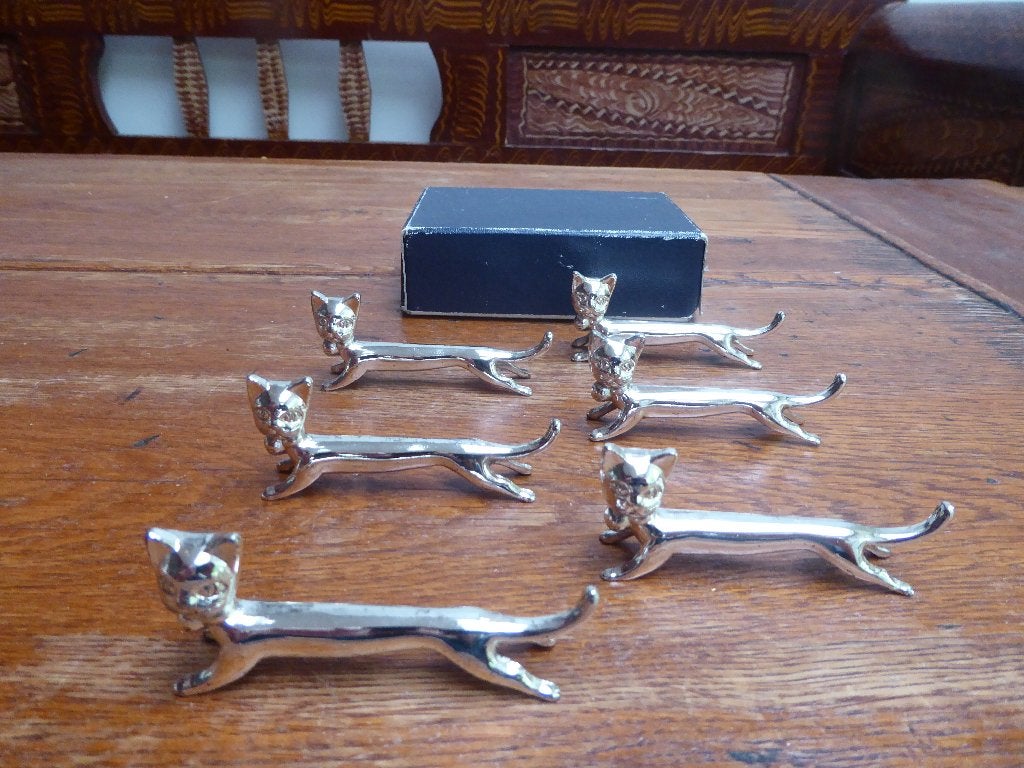6 verzilverde messenleggers, model kat – poes(1), Ophalen of Verzenden