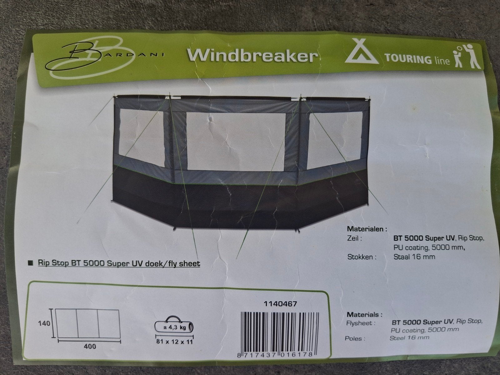 Bardani windbreaker 400cm breed, Caravans en Kamperen, Ophalen, Zo goed als nieuw