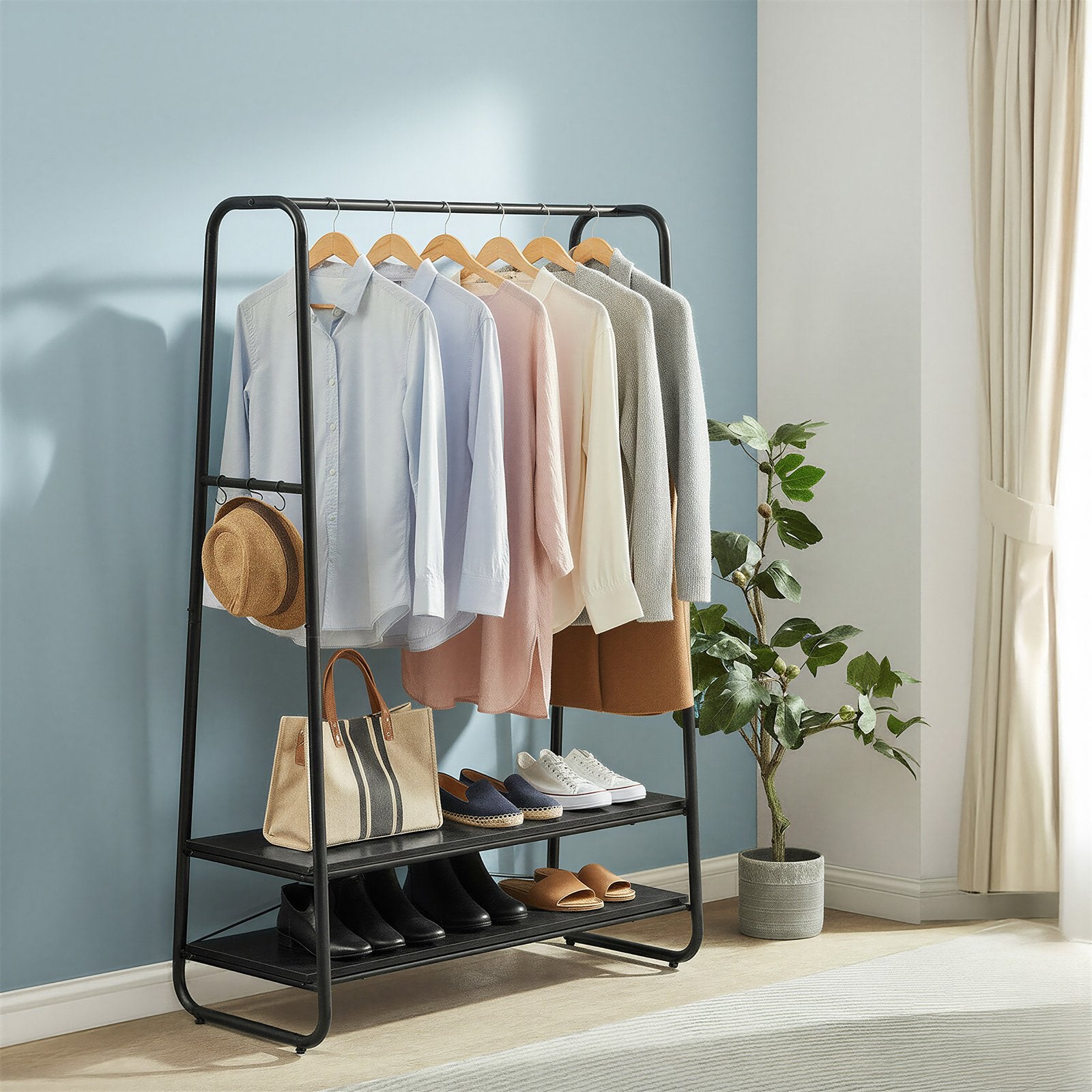 Kledingrek met 2 planken - Zwart metaal en hout, Kleding | Dames, Ophalen of Verzenden, Nieuw