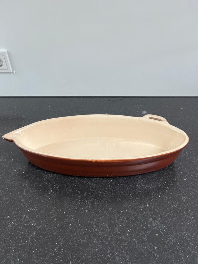 Ovale Aardewerk Ovenschaal - Bruin/Crème 48x20cm, Gebruikt, Schaal, Ophalen of Verzenden, Ovaal