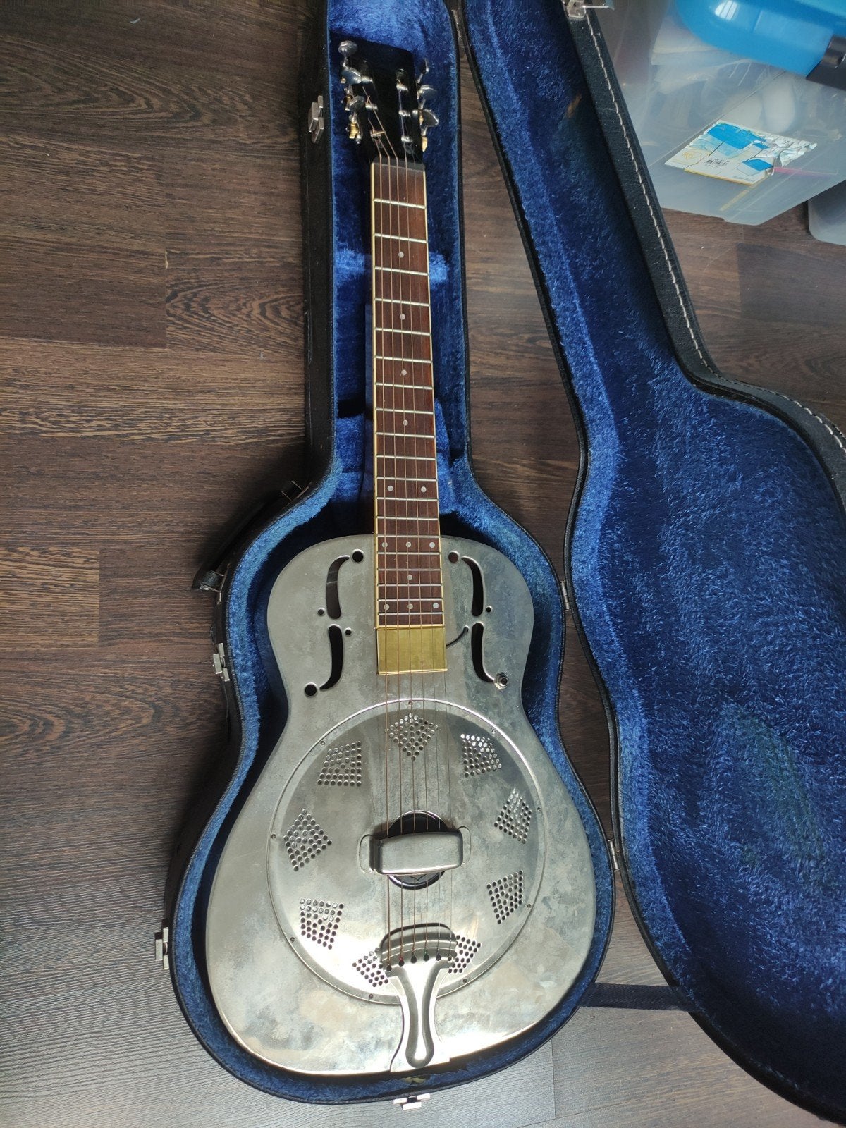 Squareneck resonatorgitaar met Sixtus humbucker, Ophalen, Gebruikt, Resonator- of Dobrogitaar, Met koffer