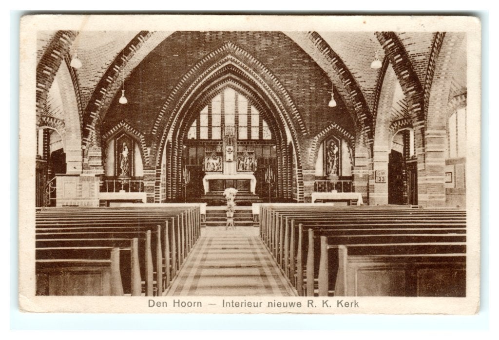 Wehe-Den Hoorn, Den Hoorn. Interieur nieuwe R.K.Kerk, Verzenden, 1920 tot 1940, Gelopen, Groningen
