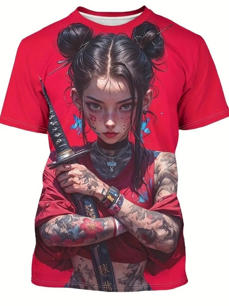 XL/XXL Samoerai Tattoo Girl T-shirt 3D Print, Heren Casual, Manga Shirts, Verzenden, Rood, Maat 56/58 (XL)