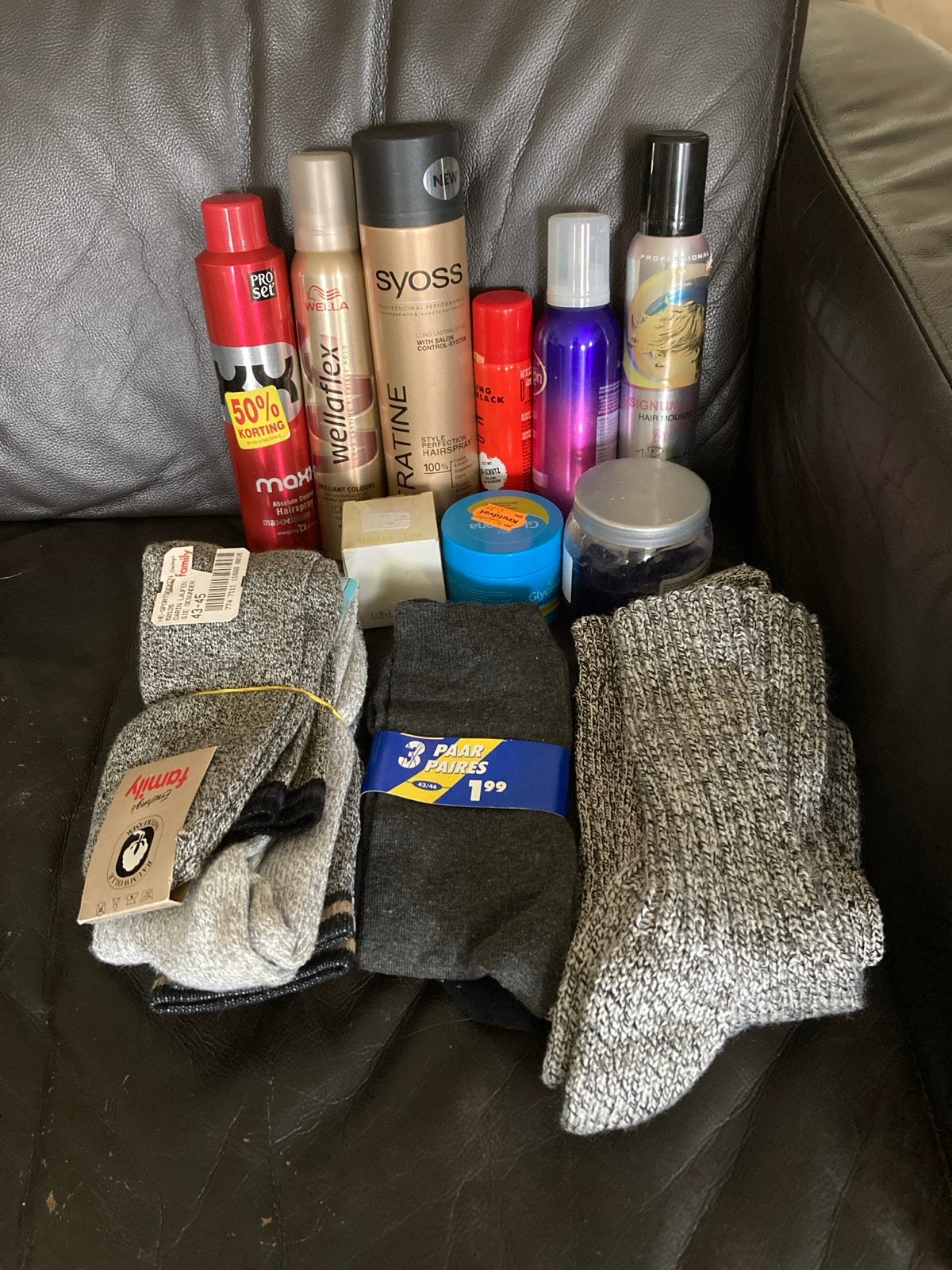 Diverse haarverzorgingsproducten en sokken, Ophalen of Verzenden, Nieuw, Gel, Wax, Haarlak of Mousse